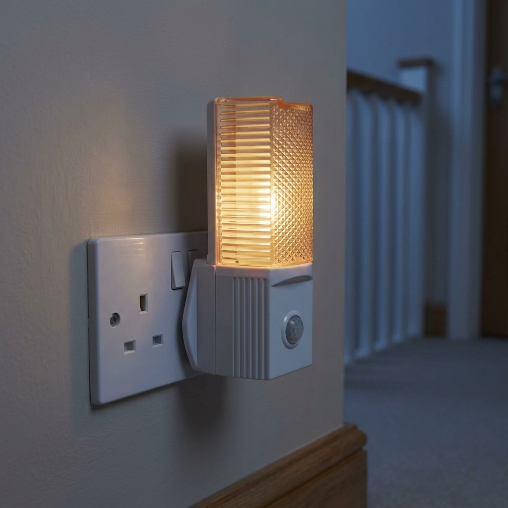 11 cm night light plugged in on a landing