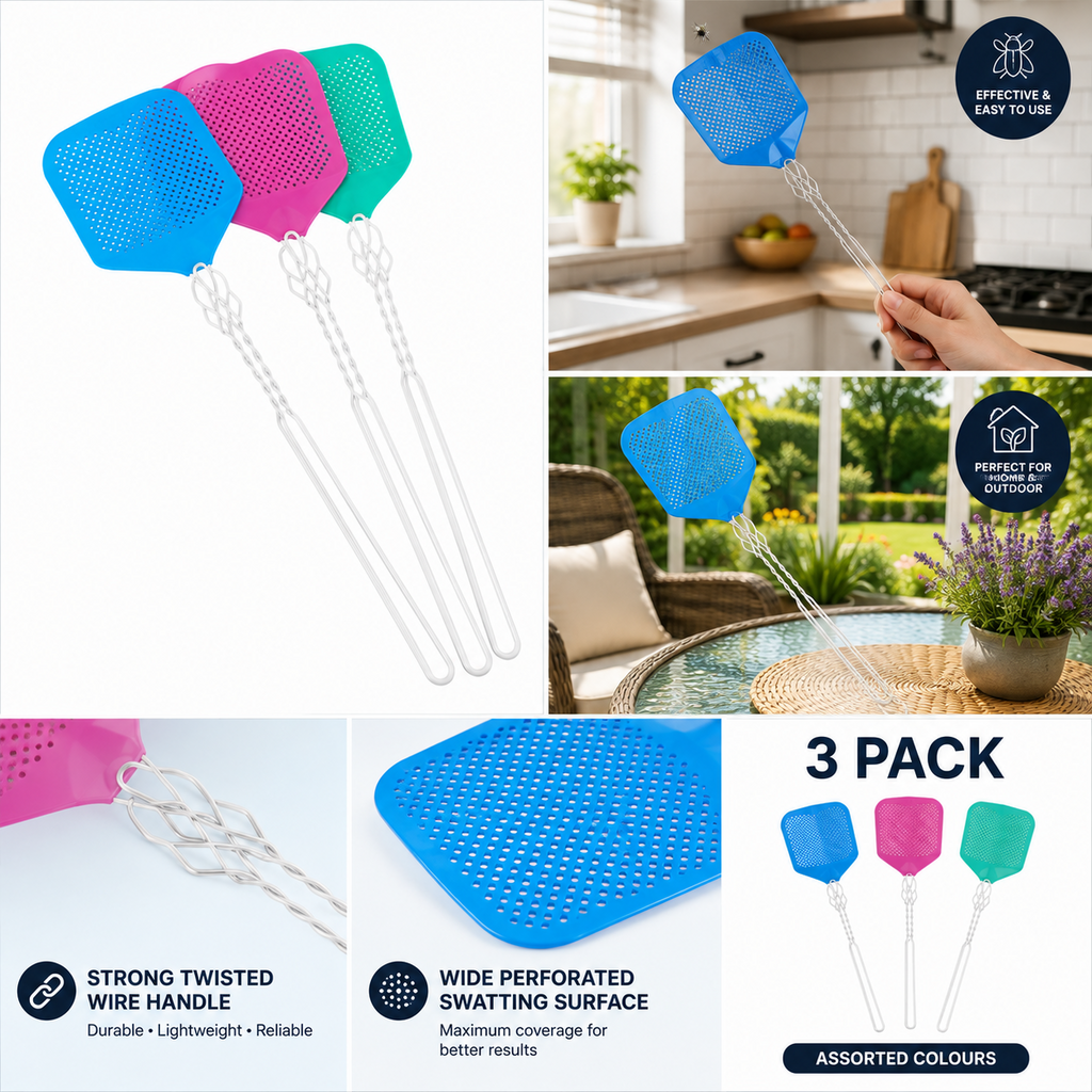 Fly Swatters Long Handle 3 Pack Metal Wire Handle Plastic Heads 3 Colour Pack