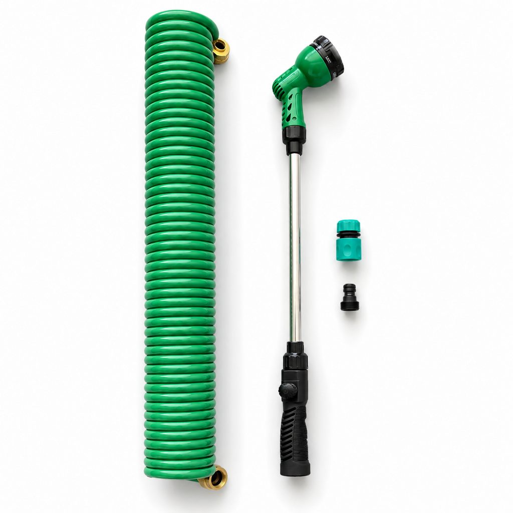 Greena 30m Self Coiling Garden Hose Pipe Set Spray Lance Nozzle & Tap Adapter