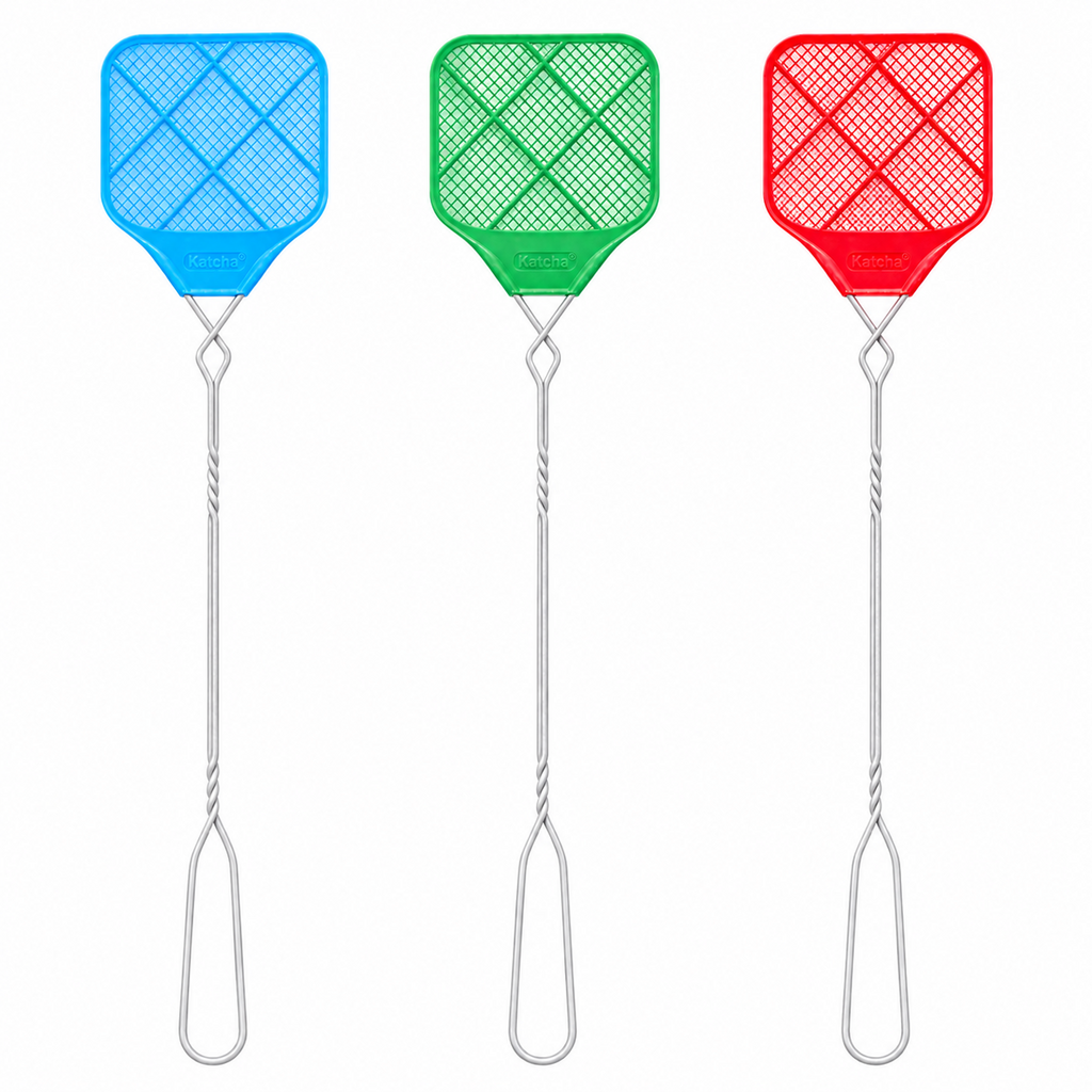 Fly Swatters Long Handle 3 Pack Metal Wire Handle Plastic Heads 3 Colour Pack