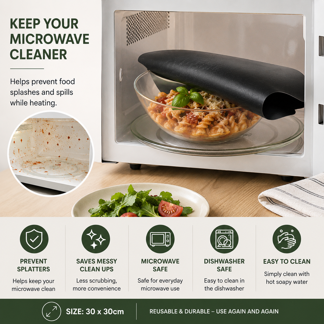 3 x Microwave Splatter Covers 30cm Reusable Teflon Food Plate Bowl Splash Guard