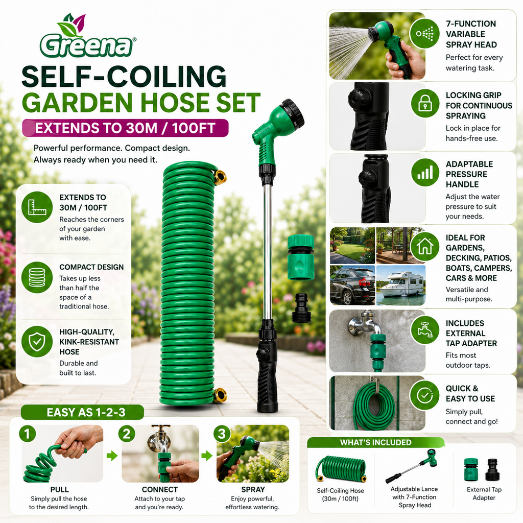 Greena 30m Self Coiling Garden Hose Pipe Set Spray Lance Nozzle & Tap Adapter