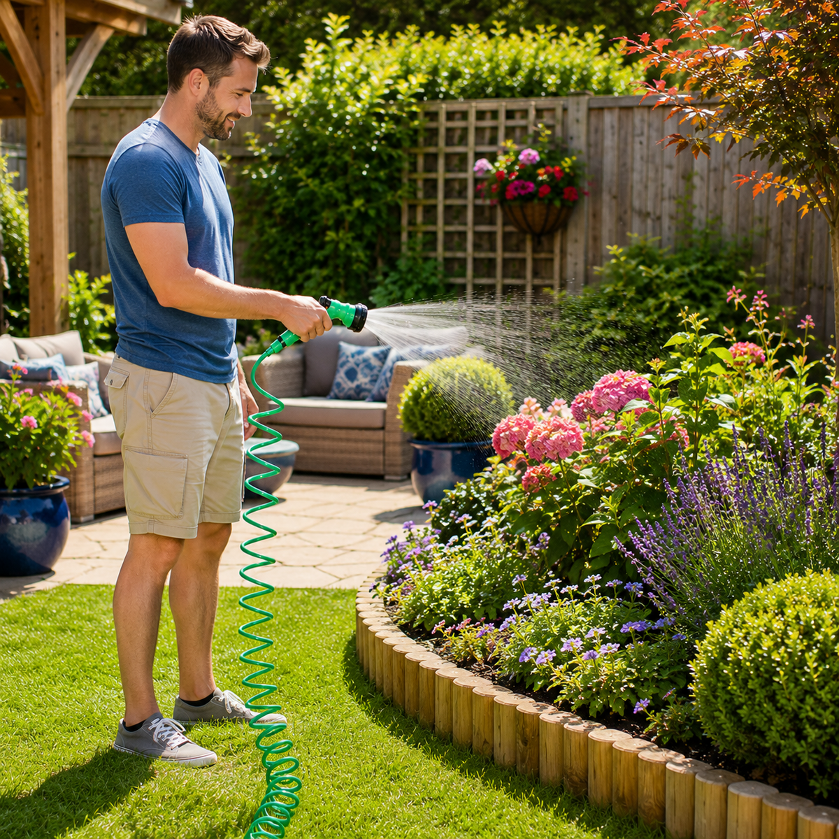 Greena 30m Self Coiling Garden Hose Pipe Set Spray Lance Nozzle & Tap Adapter