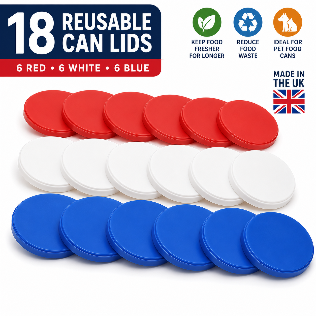 18 Reusable Can Lids – Colour Coded Food Covers – Pet, Food & Drinks 6 red, 6 white and 6 blue