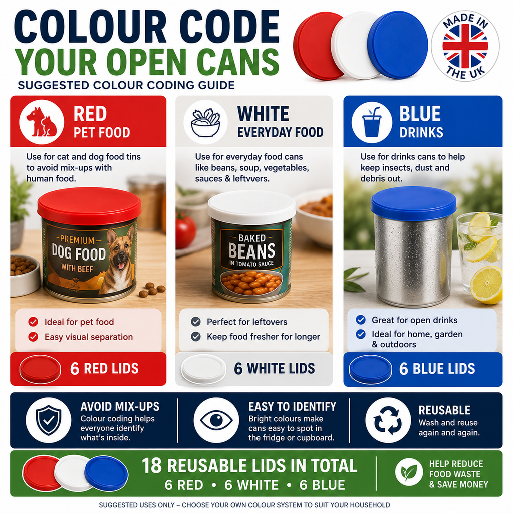 18 Reusable Can Lids – Colour Coded Food Covers – Pet, Food & Drinks 6 red, 6 white and 6 blue