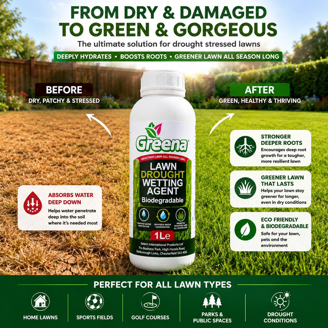 Greena Lawn Drought Wetting Agent 1L Water Saver Dry Grass Treatment Garden UK