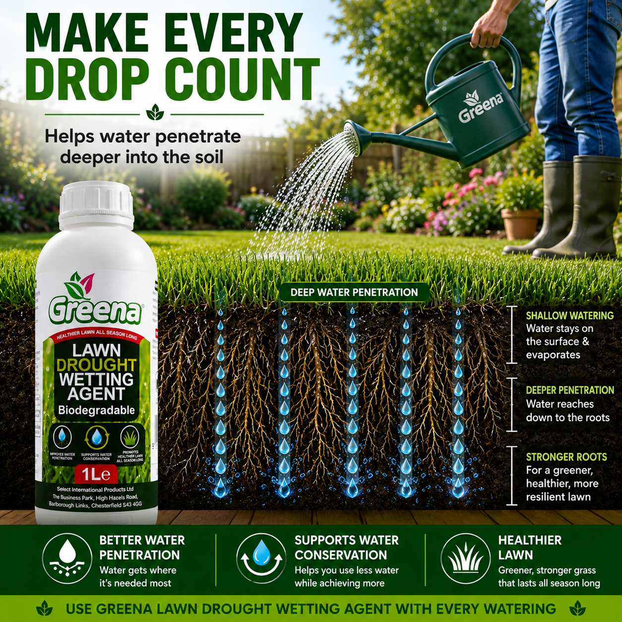 Greena Lawn Drought Wetting Agent 1L Water Saver Dry Grass Treatment Garden UK