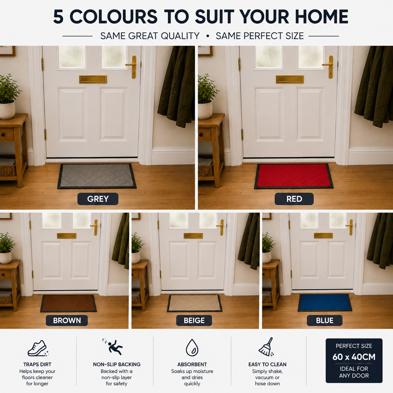 Indoor Door Mat 60 x 40cm Non Slip Absorbent