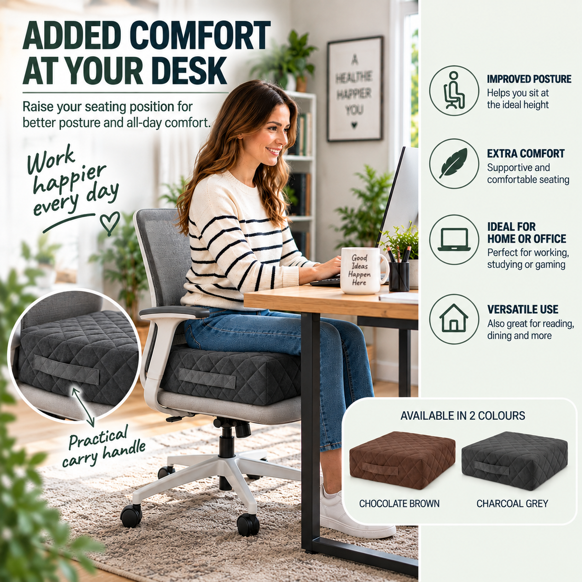 A woman sits in a raised gray office chair at a desk, with promotional text highlighting comfort, posture, and use cases. A inset shows the underside of the chair cushion with a carry handle, and a bottom-right panel indicates the product is available in chocolate brown and charcoal grey.