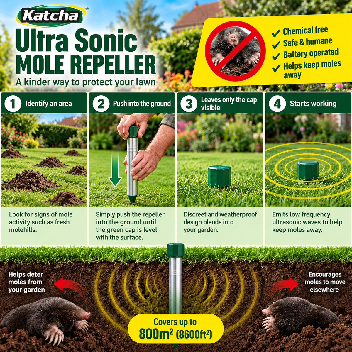 Ultrasonic Mole Repeller – Outdoor Garden Mole Deterrent