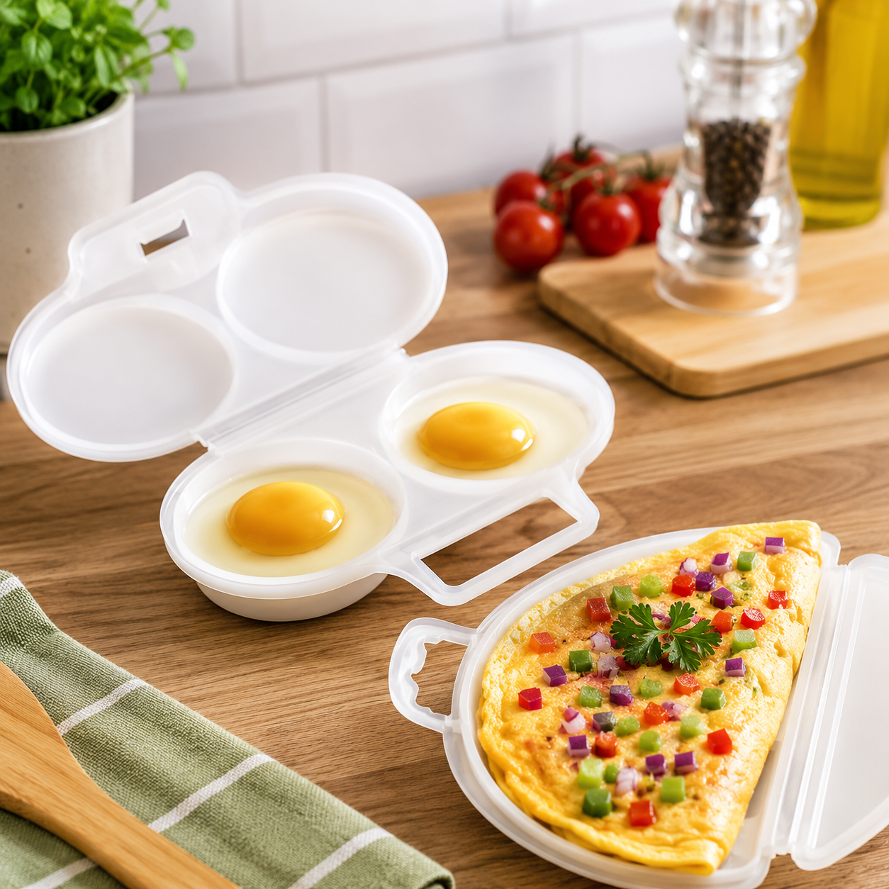 Microwave Egg Poacher & Omelette Maker Set Quick Easy Breakfast Cooker