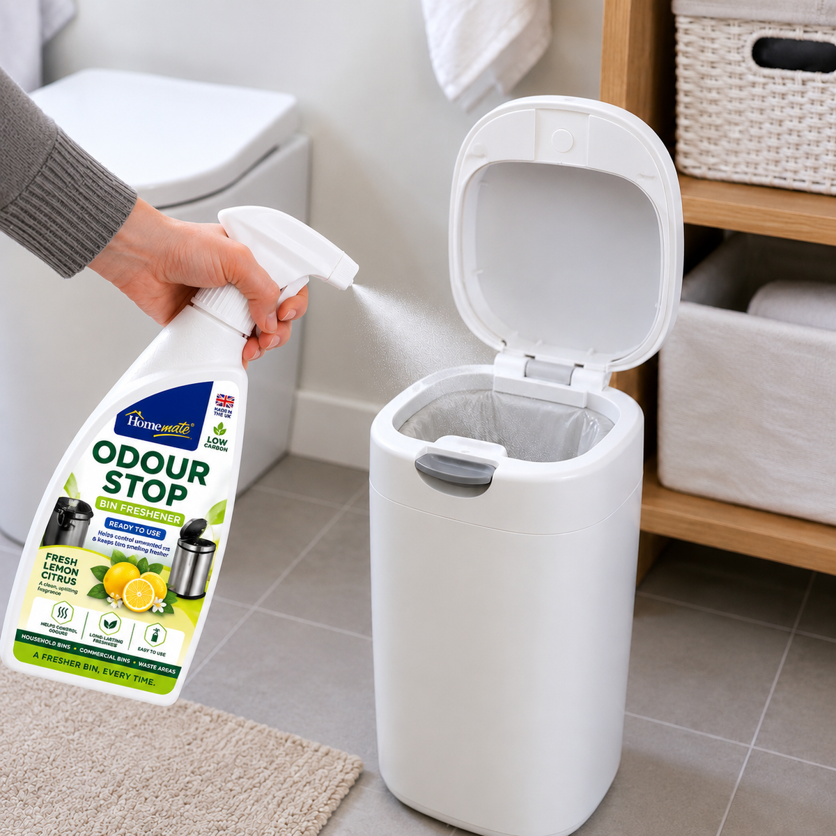 Odour Stop 750ml – Lemon Scented Bin Deodoriser & Freshener Spray