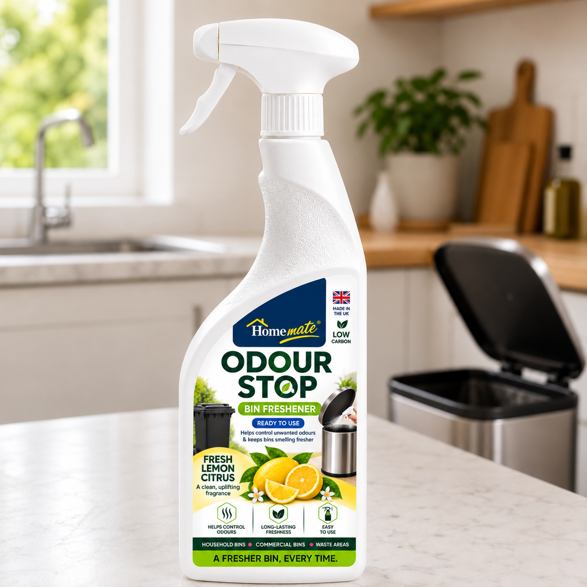 Odour Stop 750ml – Lemon Scented Bin Deodoriser & Freshener Spray
