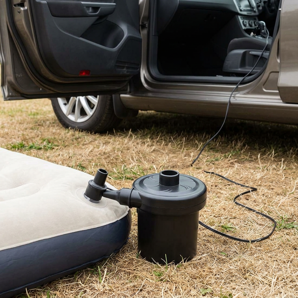 Air pump inflating a camping airbed with its power cable running into the car