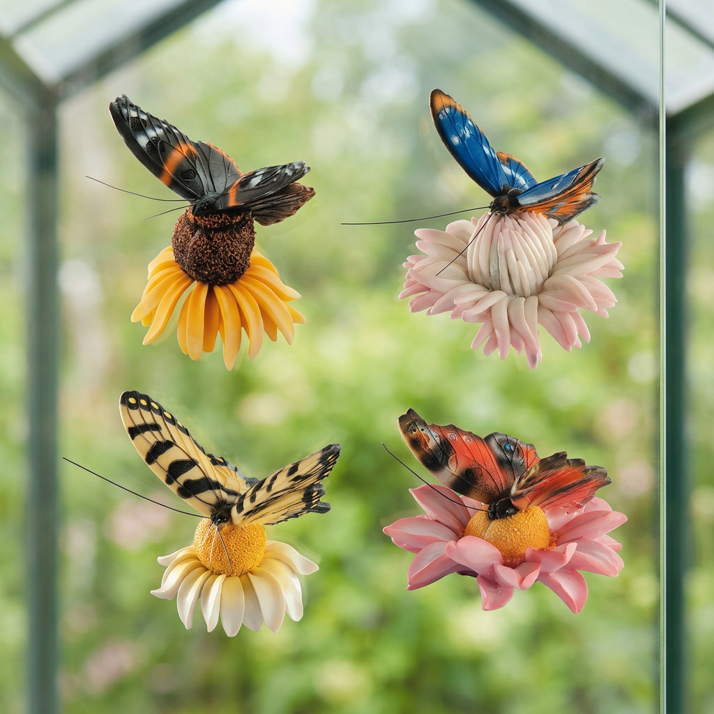 All four butterfly magnet styles displayed on glass with a soft garden background