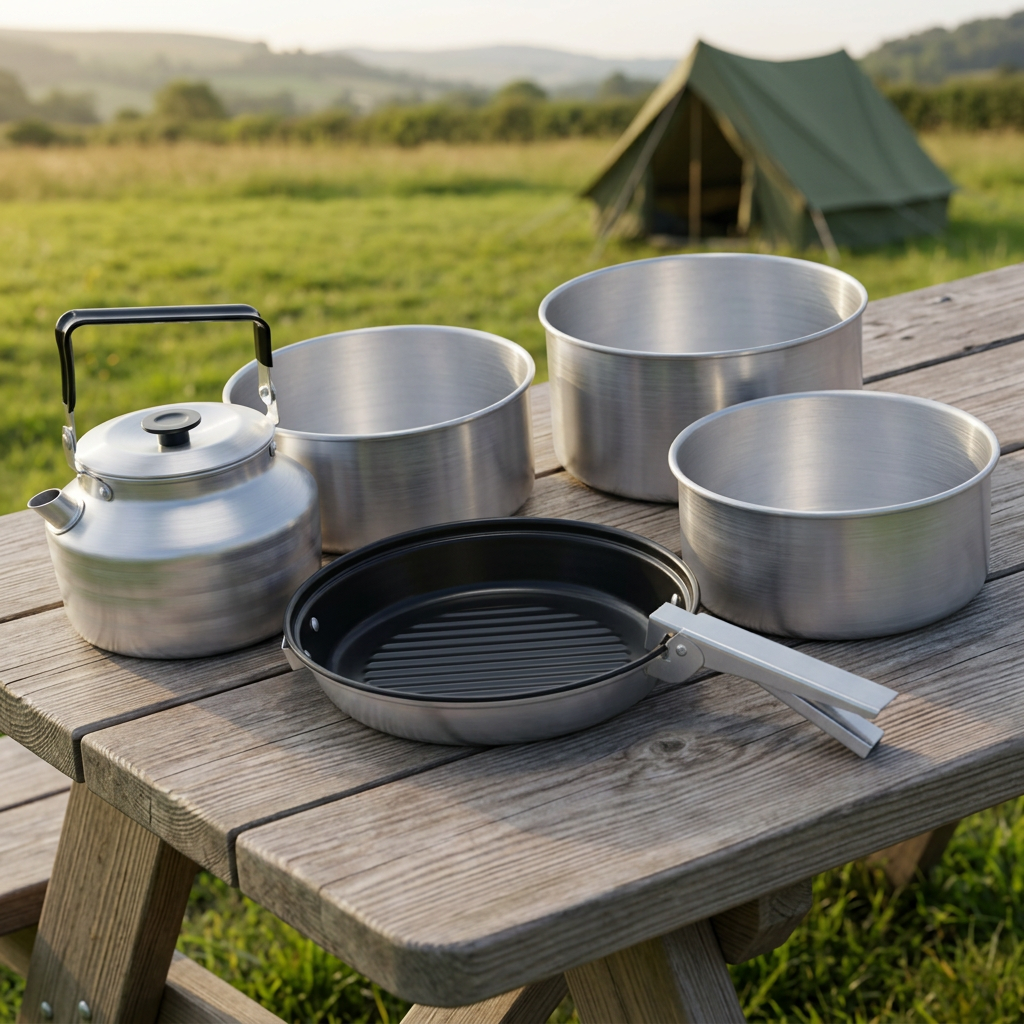Aluminium camping cook set on a wooden picnic table at a campsite