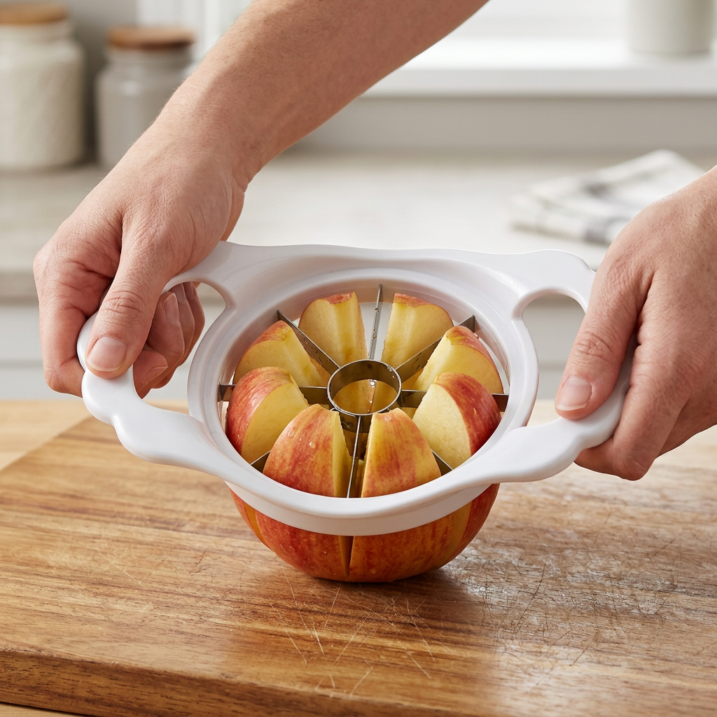 Apple corer and wedger cutting an apple with realistic proportions