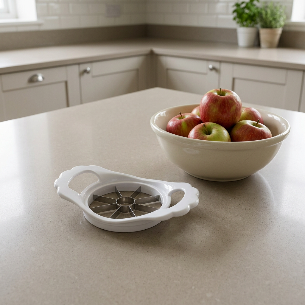 Apple corer and wedger with corrected proportions beside apples
