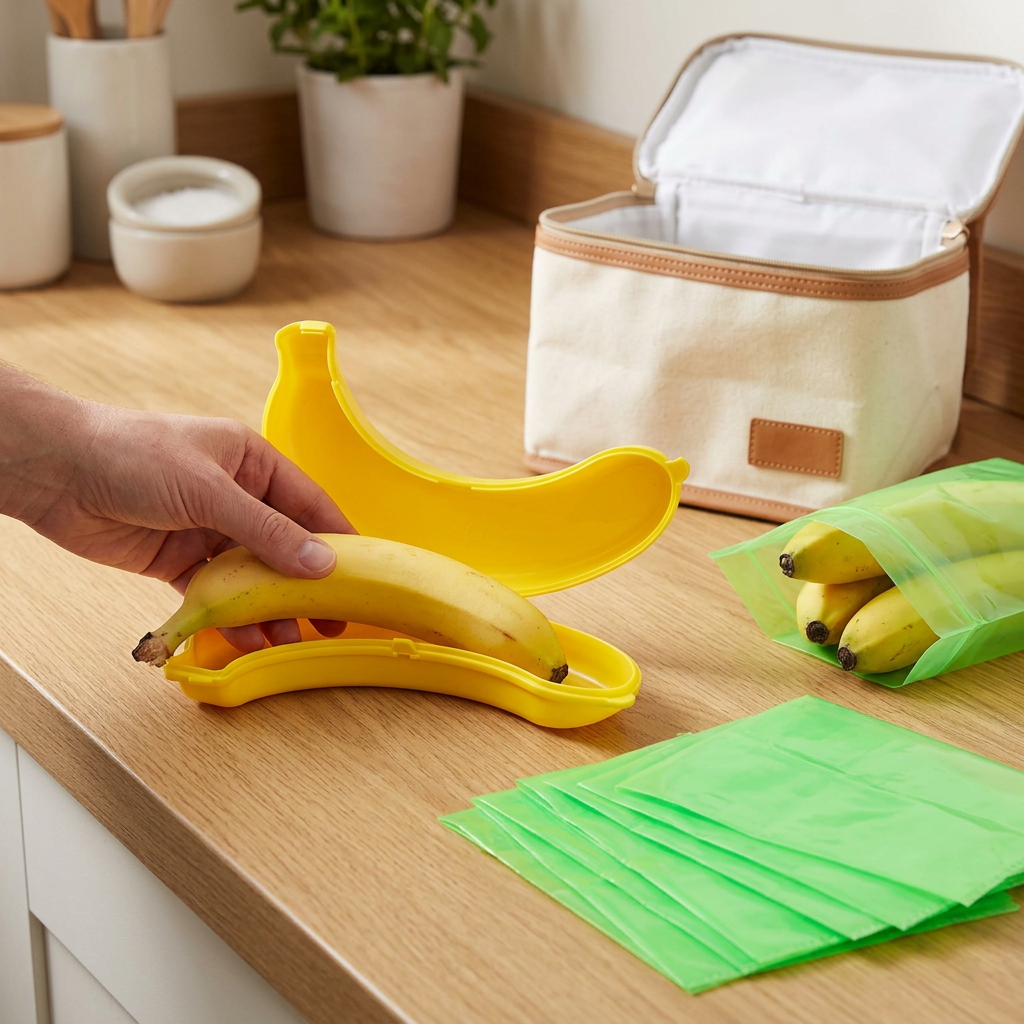 Banana case being packed for lunch in a kitchen