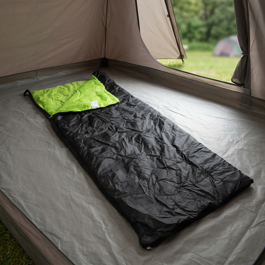 Black and lime-green sleeping bag laid out inside a tent