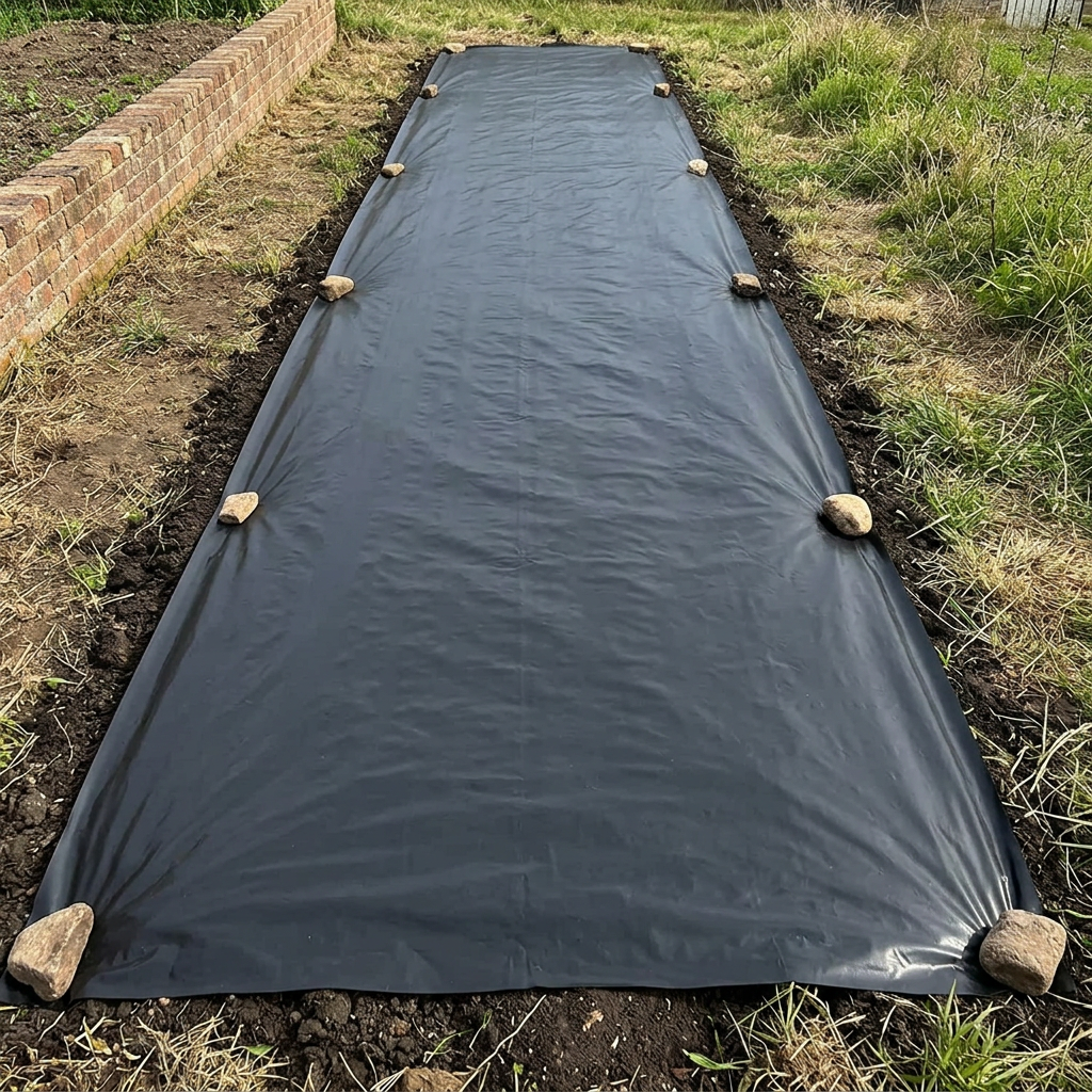 Black mulch sheet covering a garden bed