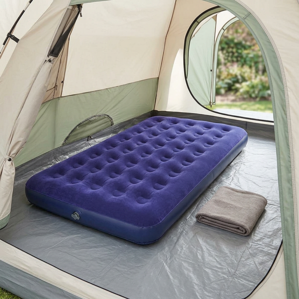 Blue airbed inside a tent