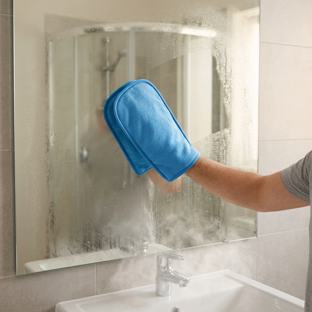 Blue cleaning mitt wiping a steamed-up bathroom mirror