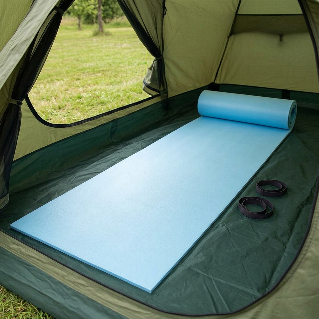 Blue EVA camping mat unrolled inside a tent