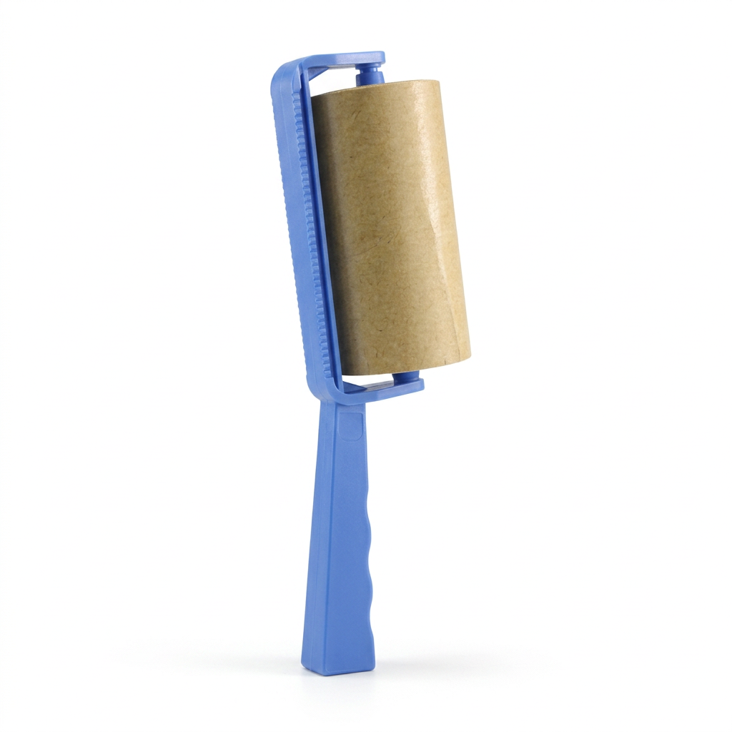 Blue-handled adhesive lint roller on white