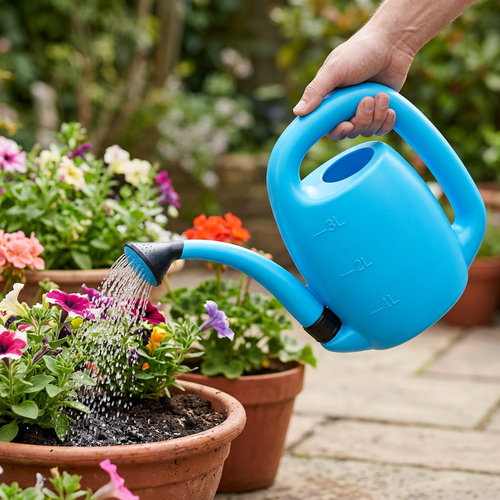 Blue watering can being used to water patio flowers