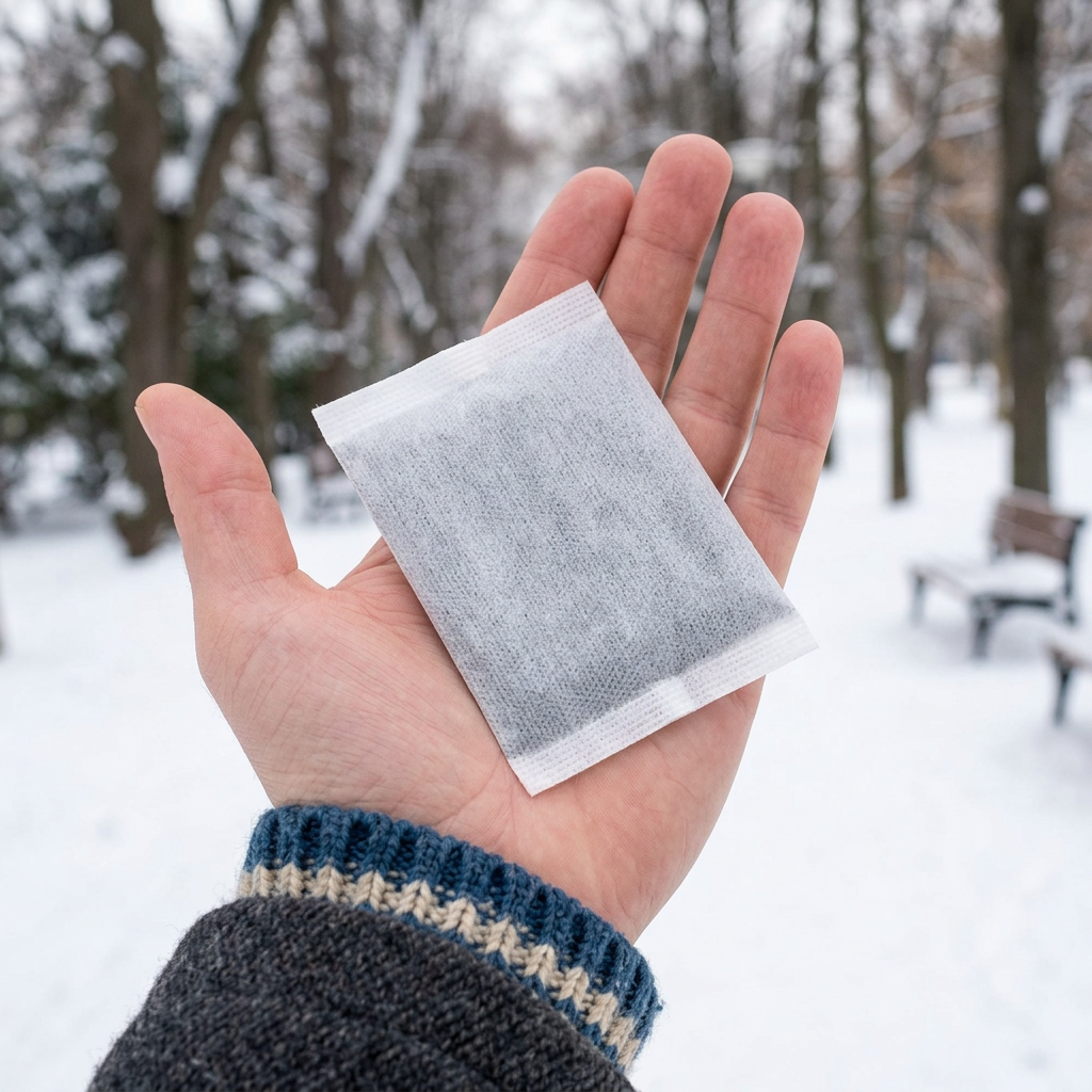 Broad rectangular hand warmer resting in one open palm outdoors