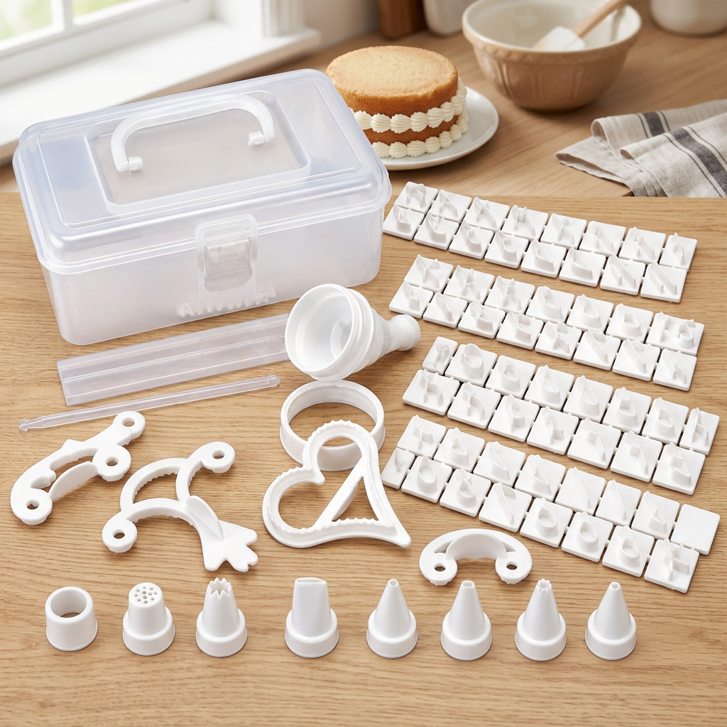 Cake decorating kit on a kitchen worktop with a partially decorated cake and baking accessories