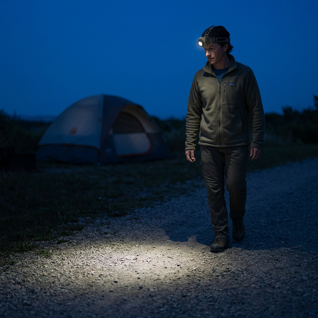 Camper wearing the head lamp on a dark campsite path