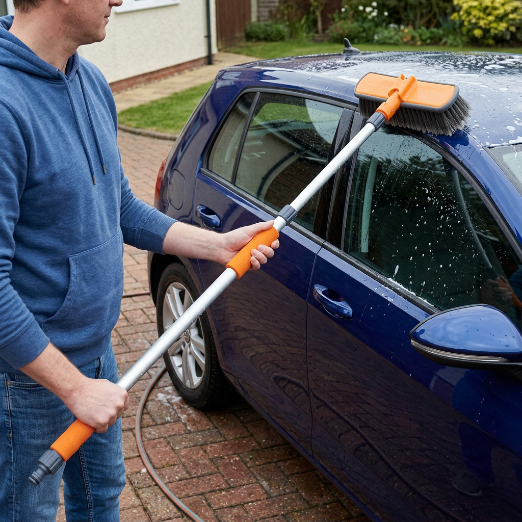 Car-cleaning brush and extension pole being used to wash a car