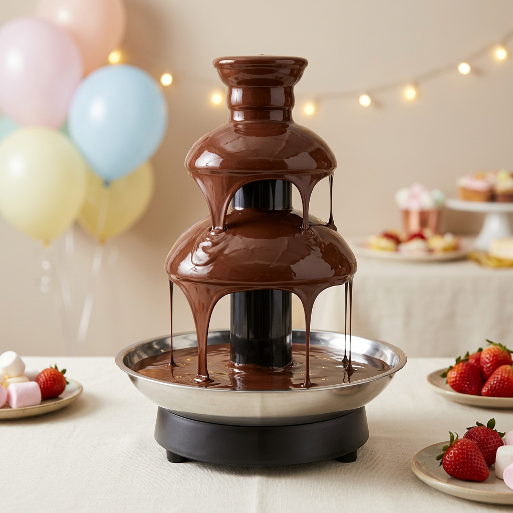 Chocolate fountain on a party dessert table
