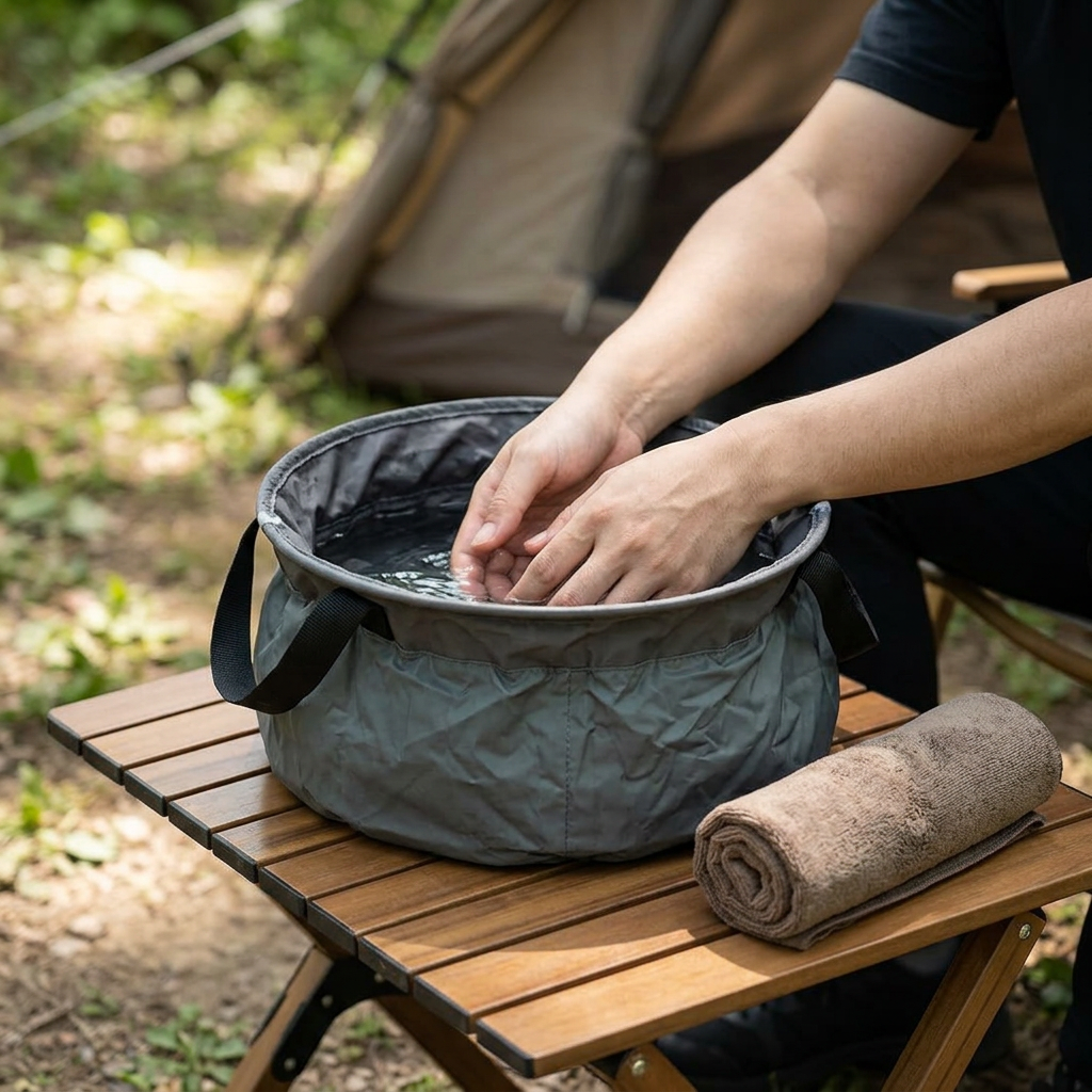 Compact foldable basin used for personal washing at a campsite