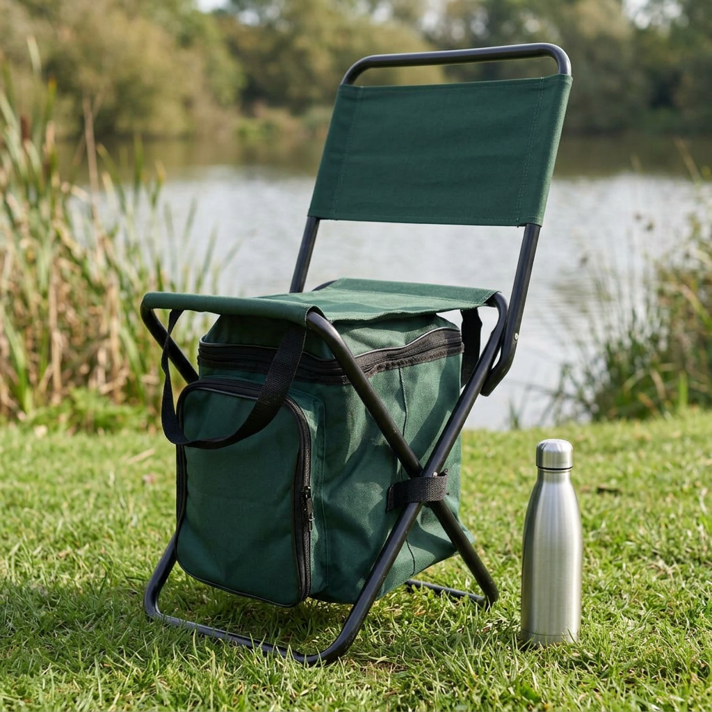 Compact green camping chair and cooler bag at a lakeside picnic spot