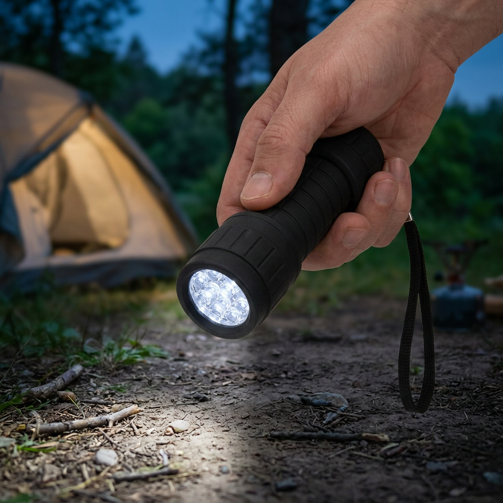 Compact rubber torch being used at a campsite
