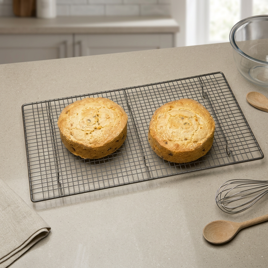 Cooling rack with two sponge cakes on a kitchen worktop beside baking accessories