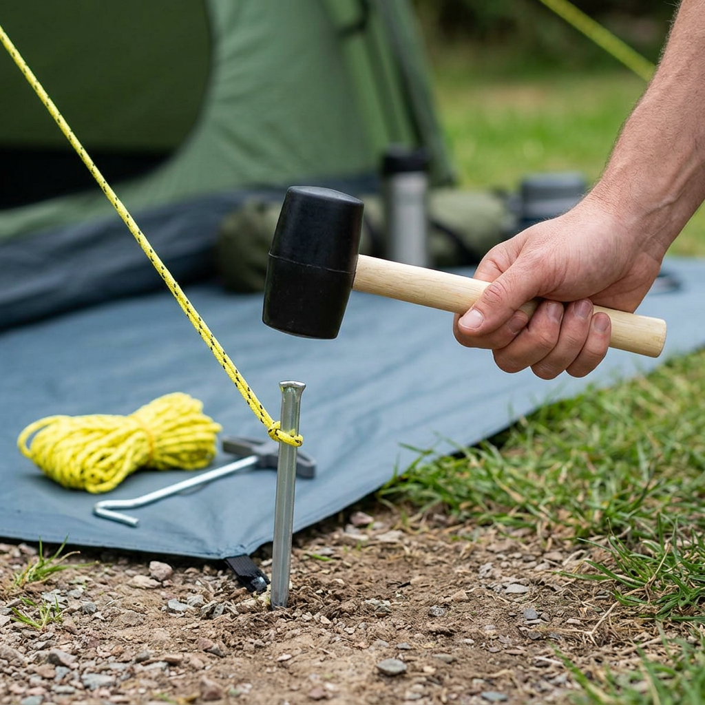 Corrected tent-peg demonstration with one mallet handle and one hand