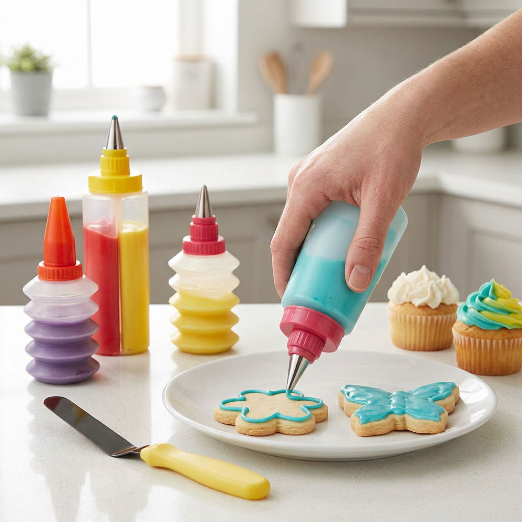 Cupcake and cookie decorating bottles in use on a kitchen worktop