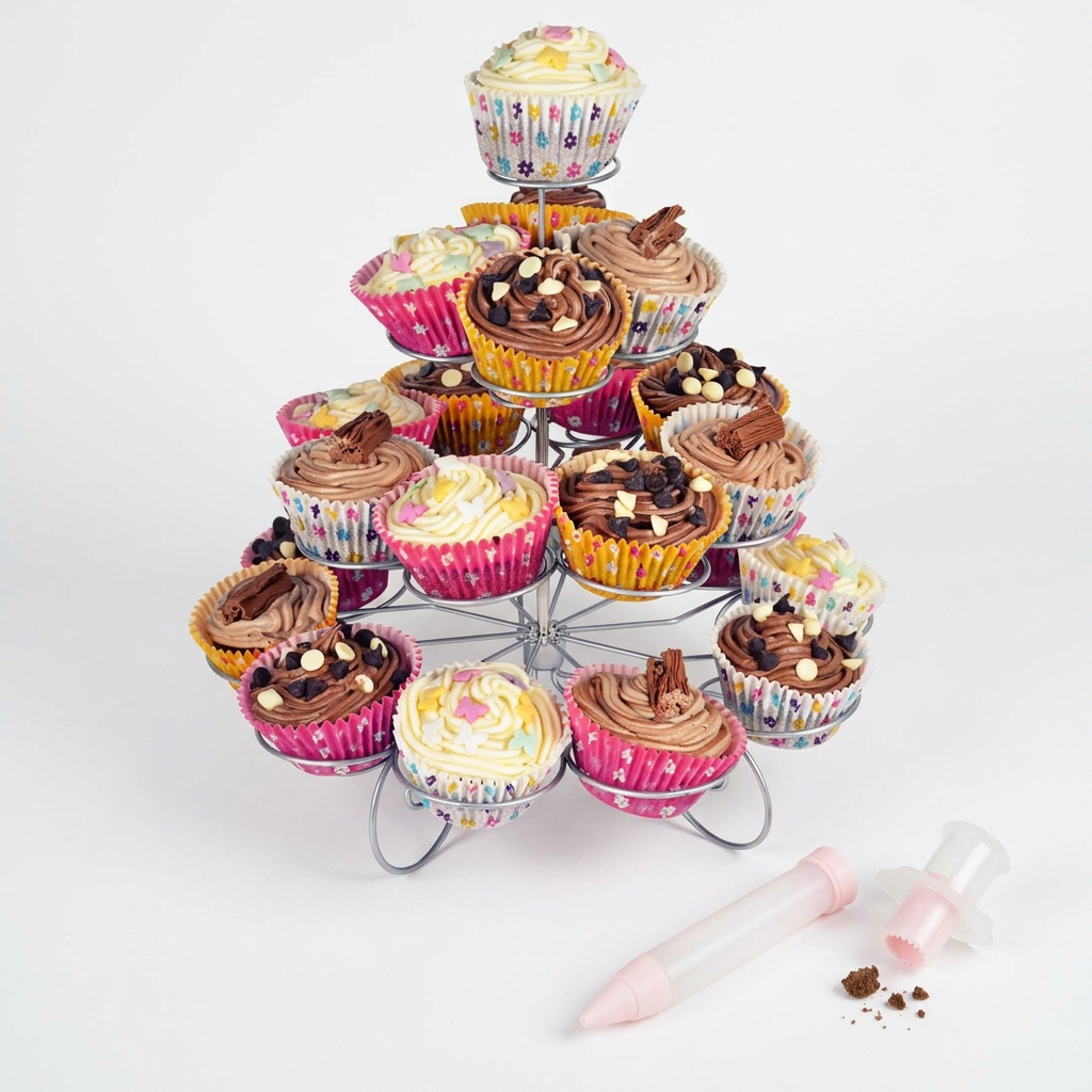 Cupcake stand, icing pen and corer on white