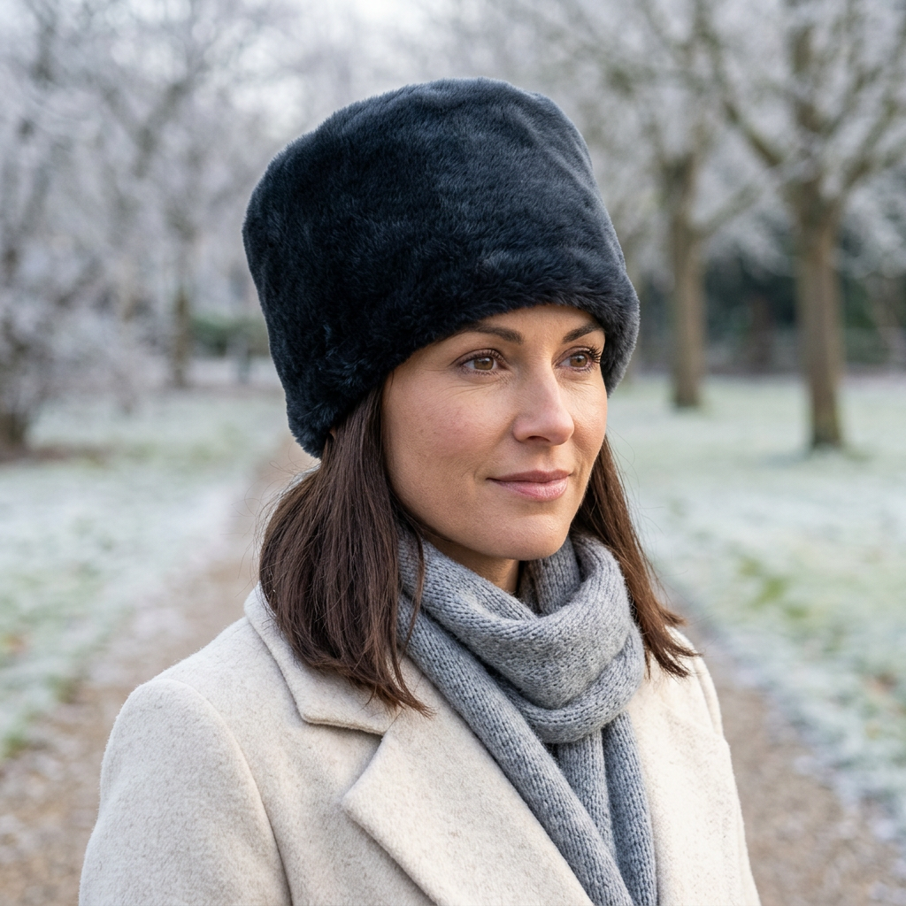 Dark faux-fur Cossack hat worn in a winter park setting