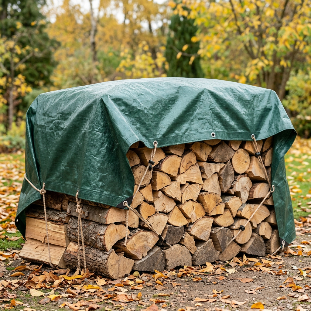Dark green tarpaulin protecting a woodpile