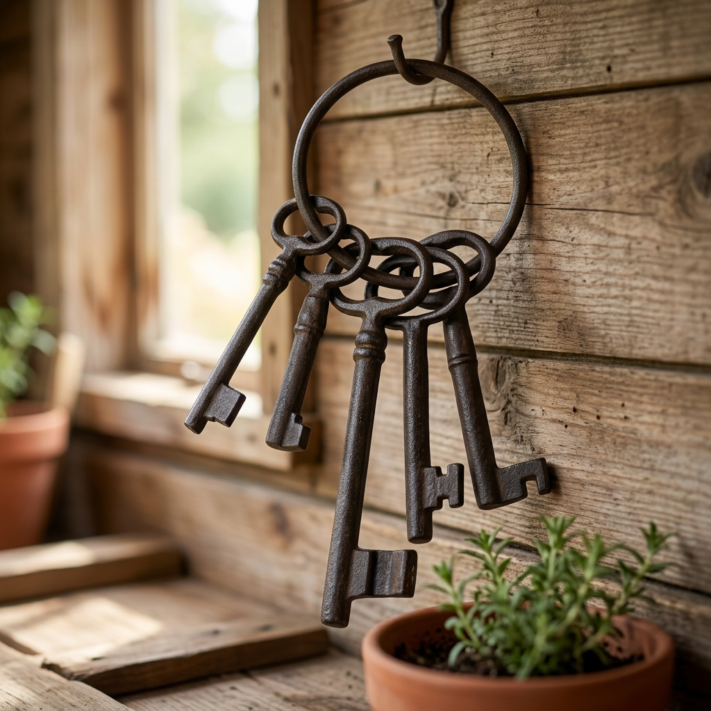 Decorative gardeners’ keys displayed in a rustic potting shed