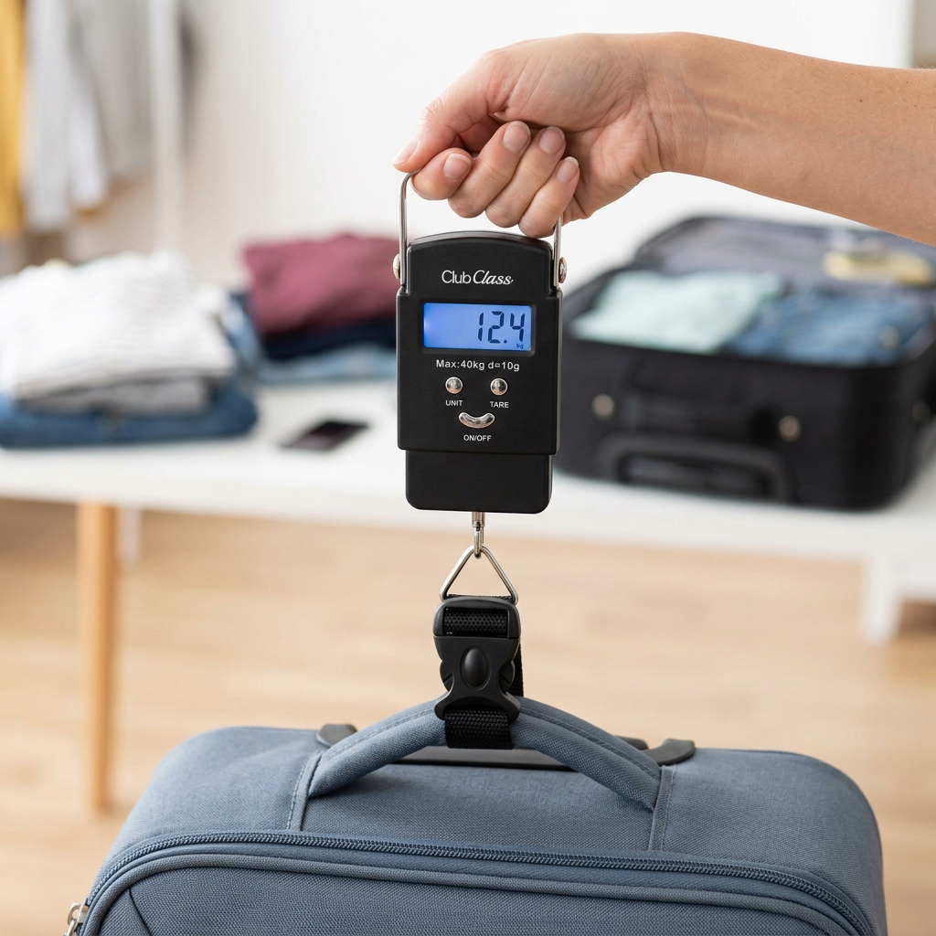 Digital luggage scale being used to weigh a suitcase