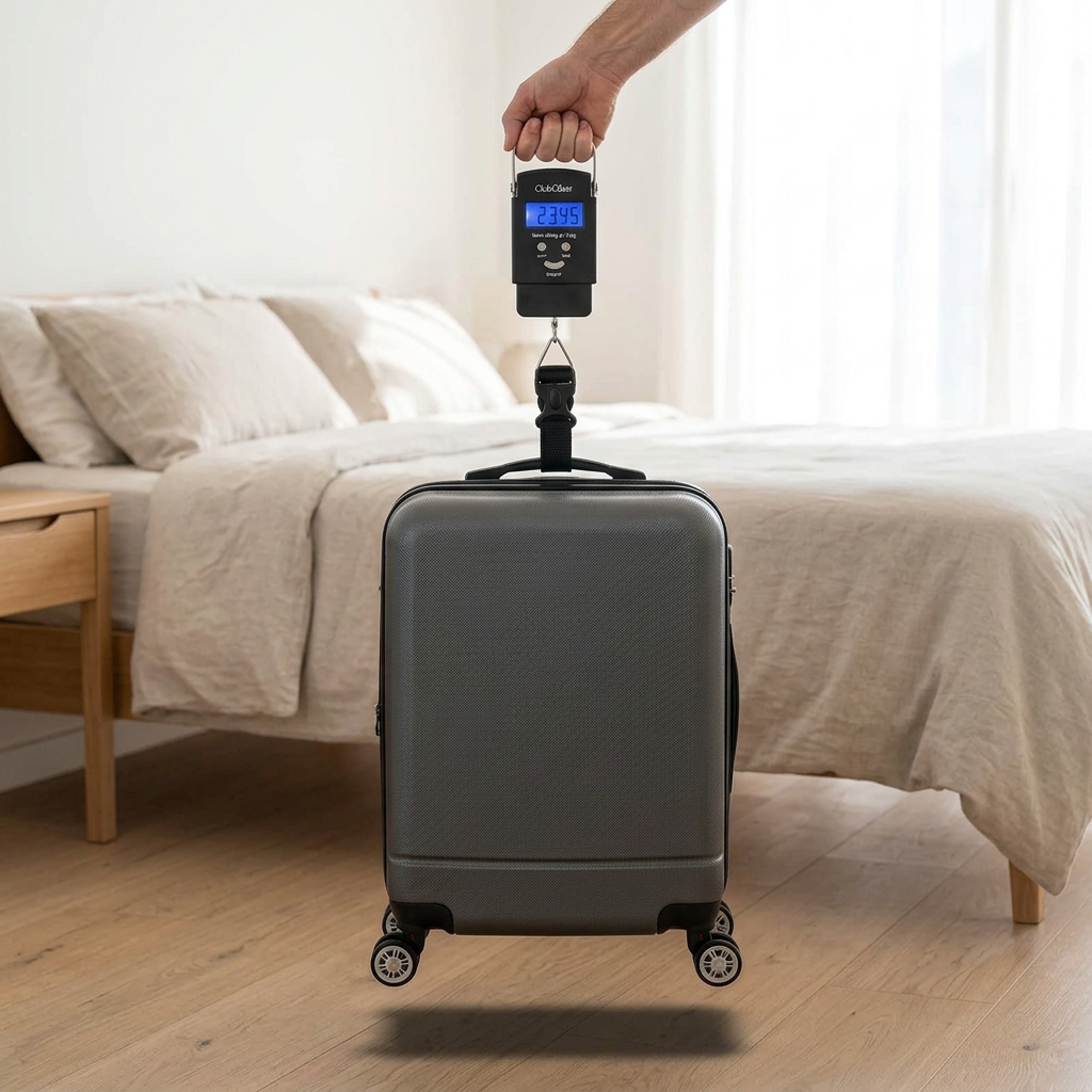 Digital luggage scale weighing a suspended suitcase in a bedroom