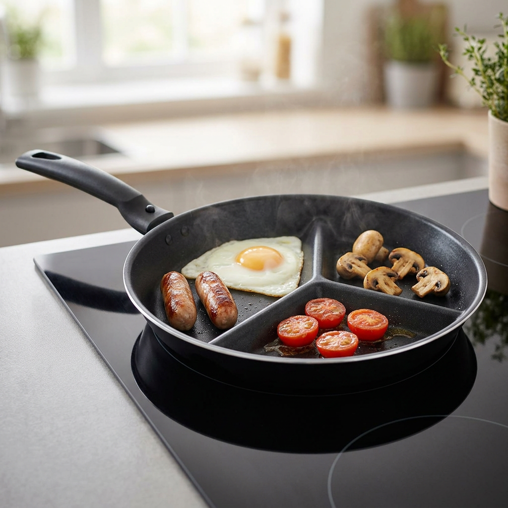 Divided frying pan on a hob with food cooking in its three sections