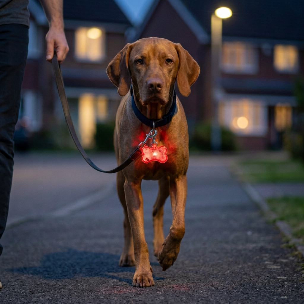 Dog walking at night with a partially visible owner holding its lead