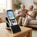 Doro phone and desktop holder in a home scene with an older couple